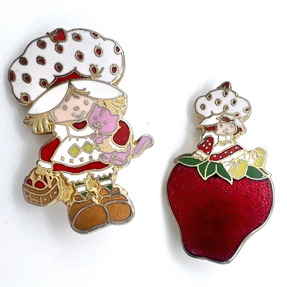Vintage Strawberry Shortcake Enamel Pins Set AGC Retro 80s Character Jewelry